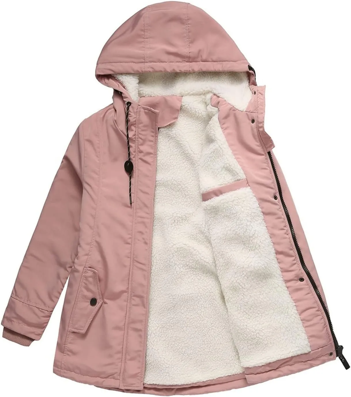 Women Winter Fleece Lined Jacket Hooded Thicken Warm Parka Padded Short Down Coat with Pocket Sherpa Cotton Outerwear