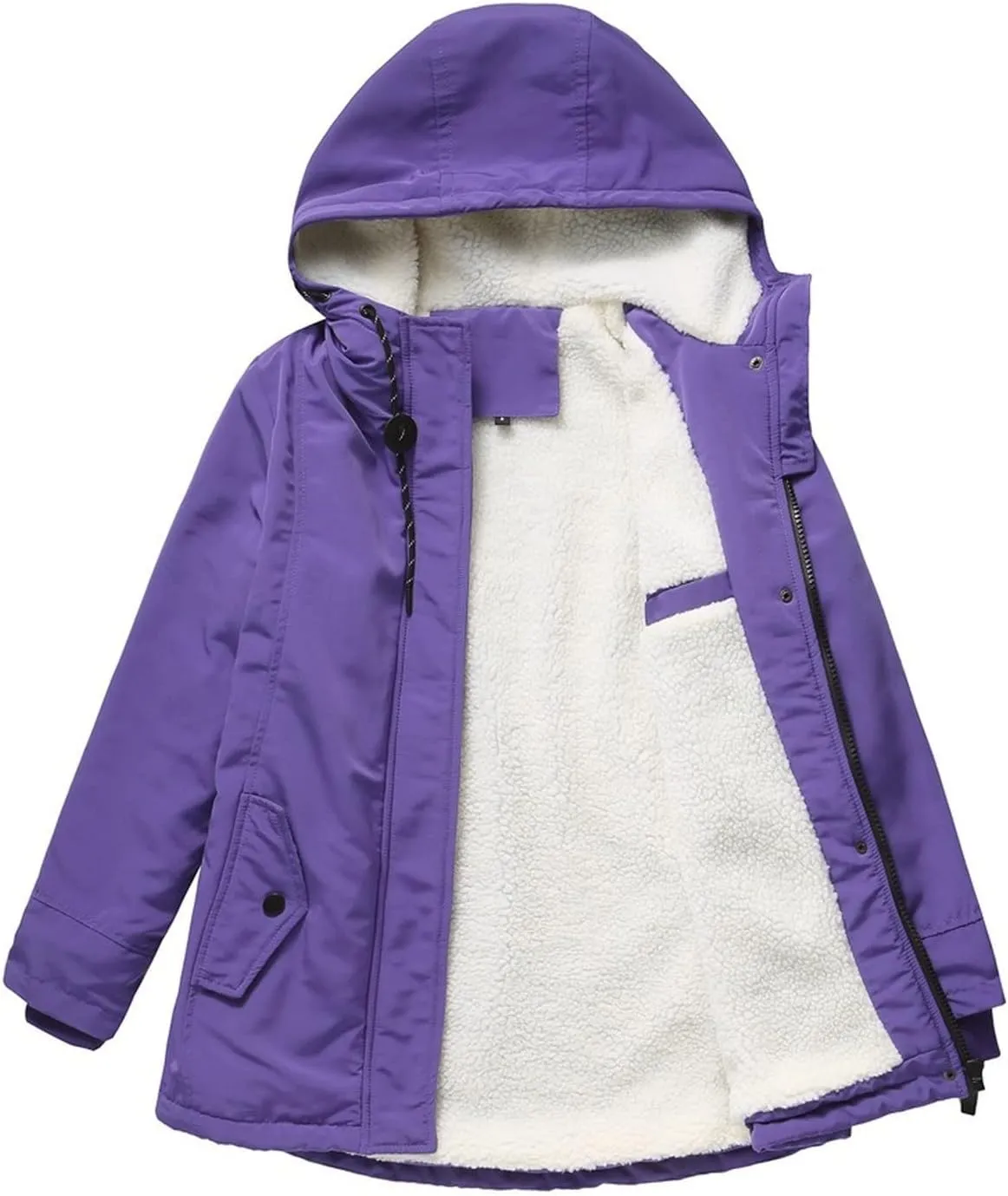 Women Winter Fleece Lined Jacket Hooded Thicken Warm Parka Padded Short Down Coat with Pocket Sherpa Cotton Outerwear