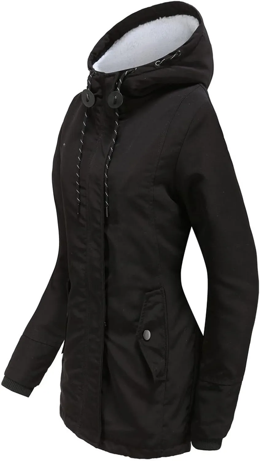 Women Winter Fleece Lined Jacket Hooded Thicken Warm Parka Padded Short Down Coat with Pocket Sherpa Cotton Outerwear