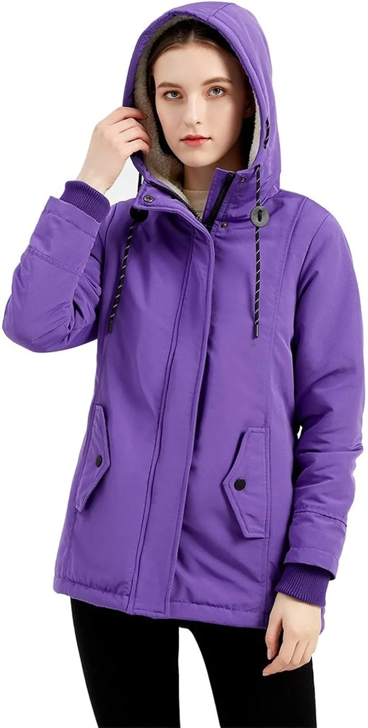 Women Winter Fleece Lined Jacket Hooded Thicken Warm Parka Padded Short Down Coat with Pocket Sherpa Cotton Outerwear