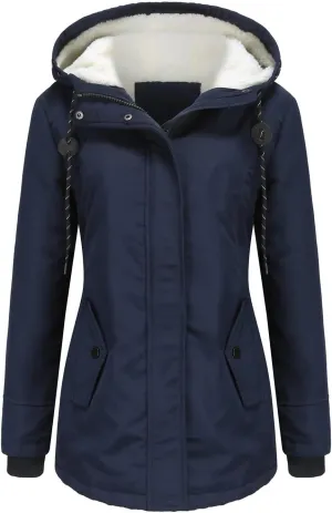 Women Winter Fleece Lined Jacket Hooded Thicken Warm Parka Padded Short Down Coat with Pocket Sherpa Cotton Outerwear