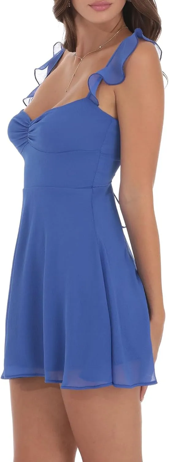 Women Y2k Lace Mini Dress Ruffle Hem Tie Back A Line Short Dress Sleeveless Bodycon Fairy Party Clubwear