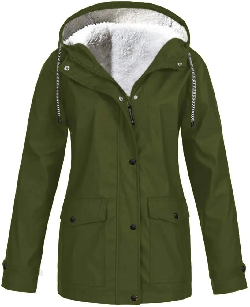 Womens 2024 Winter Fall Warm Raincoat Fashion Windbreaker Dressy Zip Rain Jacket with Pockets Waterproof with Hood