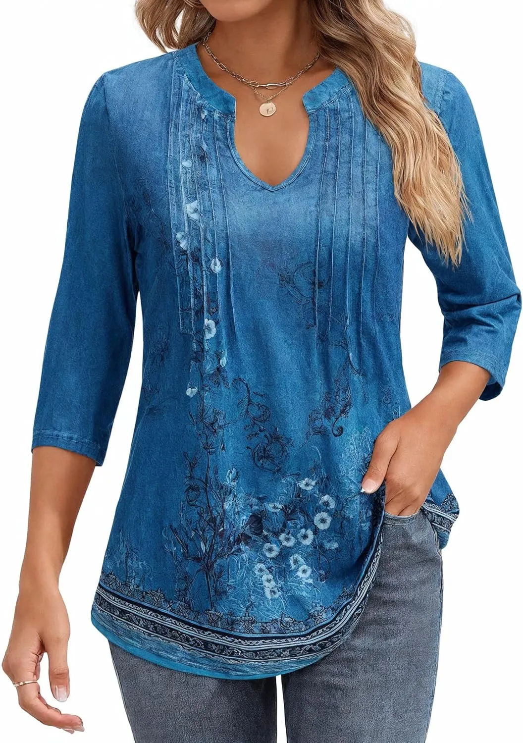 Womens 3/4 Sleeve Tops Business Casual Blouses V Neck Pleated Shirts Peasant Tunic Tops Dressy Casual Work Outfits