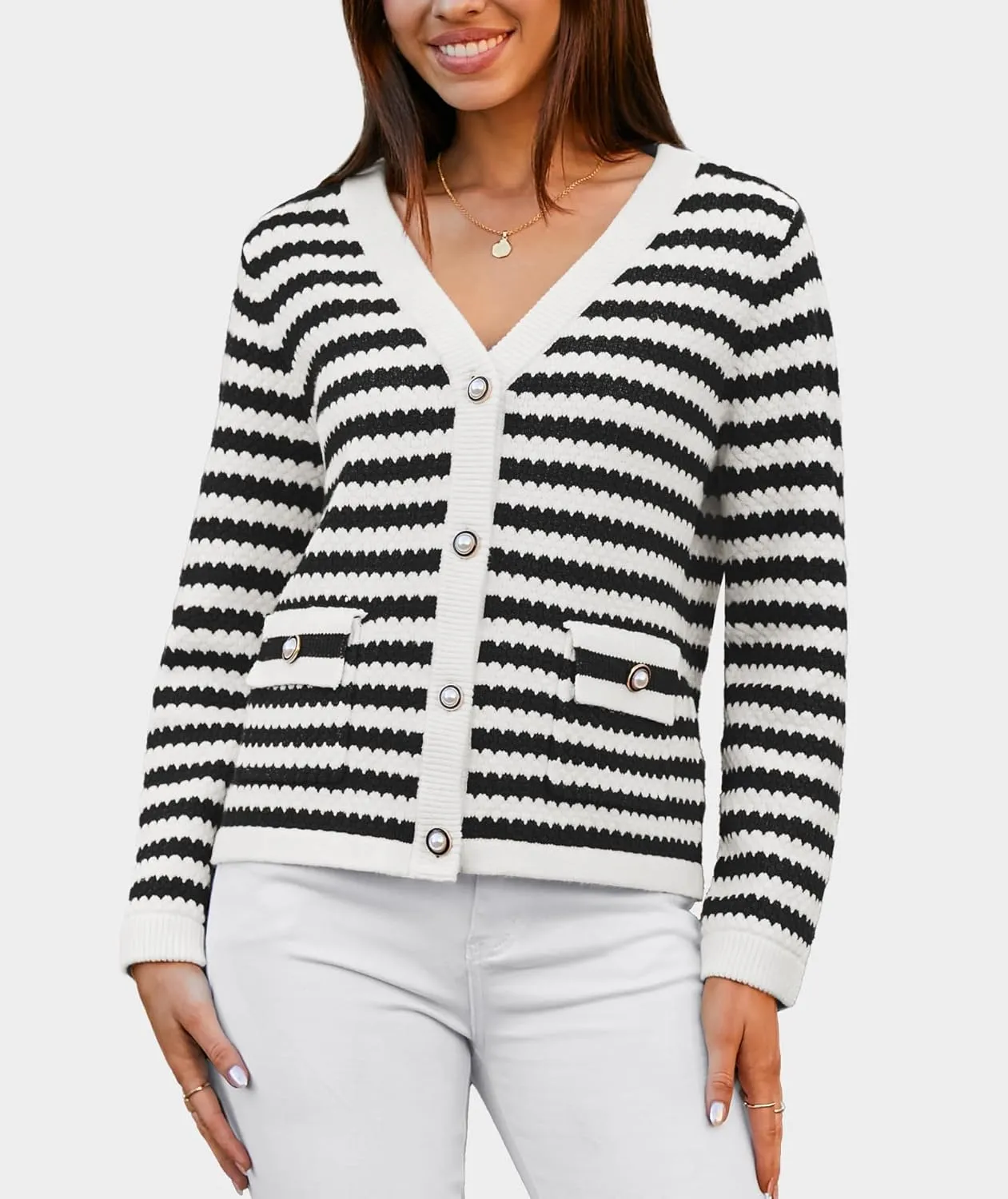 Women's Cardigan Sweaters Long Sleeve V Neck Button Down Knit Outerwear Spring Casual Open Front Cropped Jacket