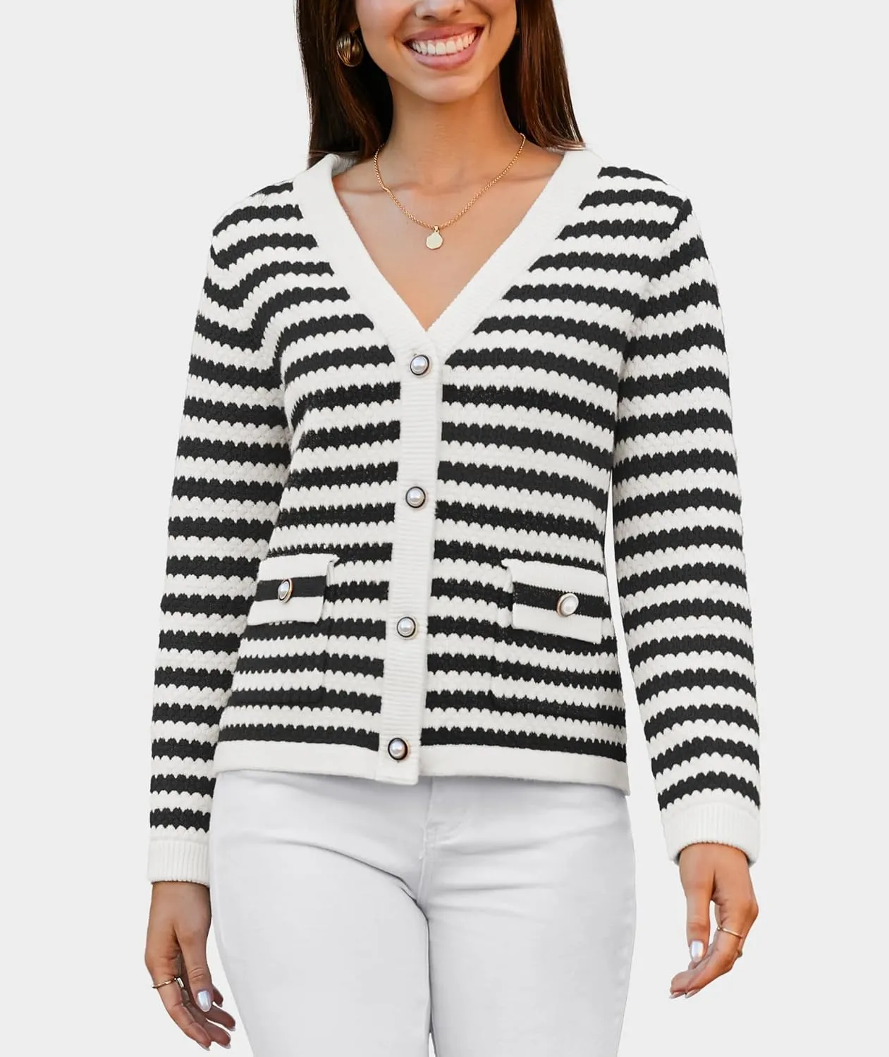 Women's Cardigan Sweaters Long Sleeve V Neck Button Down Knit Outerwear Spring Casual Open Front Cropped Jacket