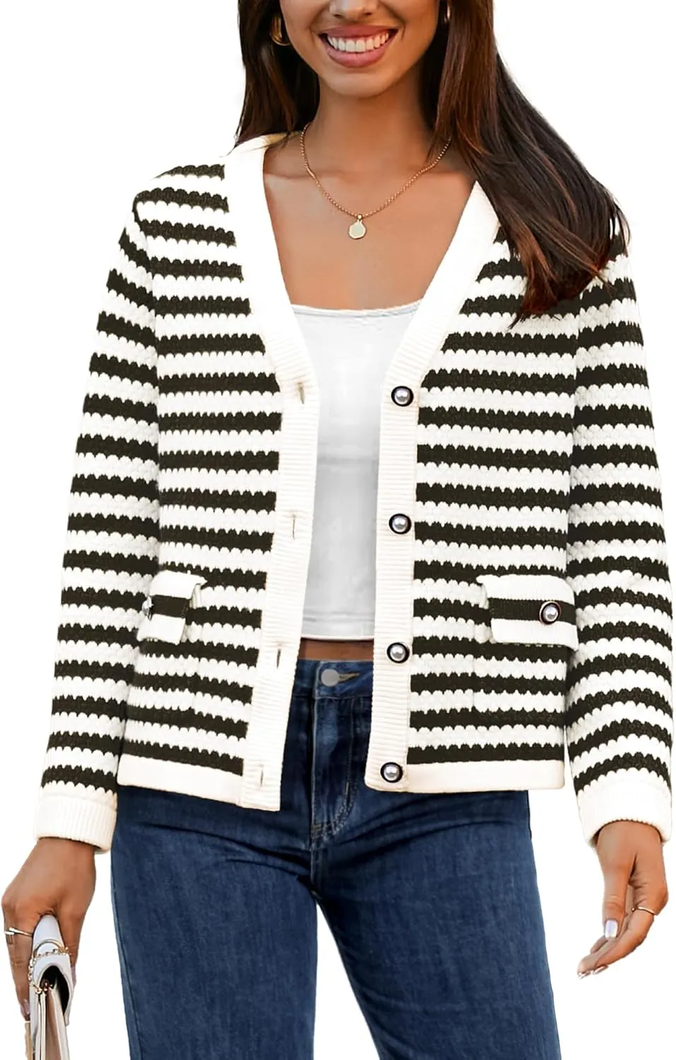 Women's Cardigan Sweaters Long Sleeve V Neck Button Down Knit Outerwear Spring Casual Open Front Cropped Jacket
