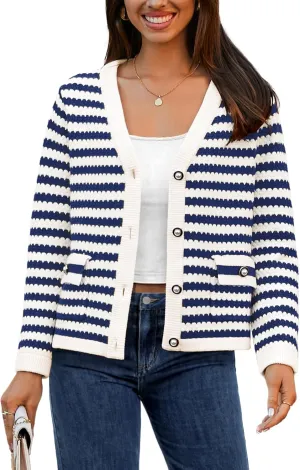 Women's Cardigan Sweaters Long Sleeve V Neck Button Down Knit Outerwear Spring Casual Open Front Cropped Jacket