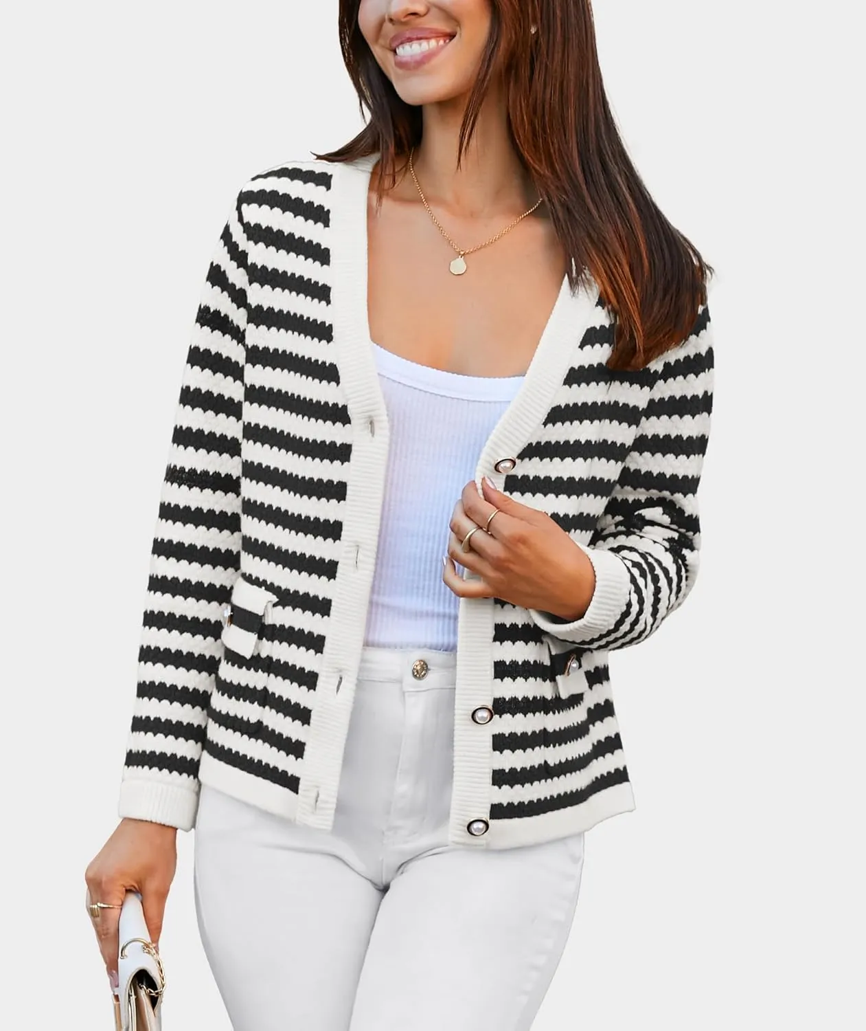 Women's Cardigan Sweaters Long Sleeve V Neck Button Down Knit Outerwear Spring Casual Open Front Cropped Jacket