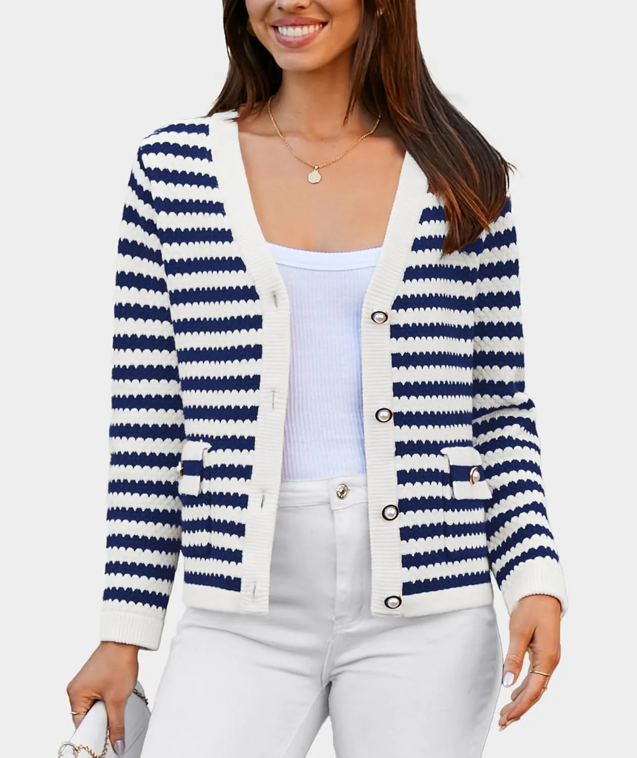 Women's Cardigan Sweaters Long Sleeve V Neck Button Down Knit Outerwear Spring Casual Open Front Cropped Jacket