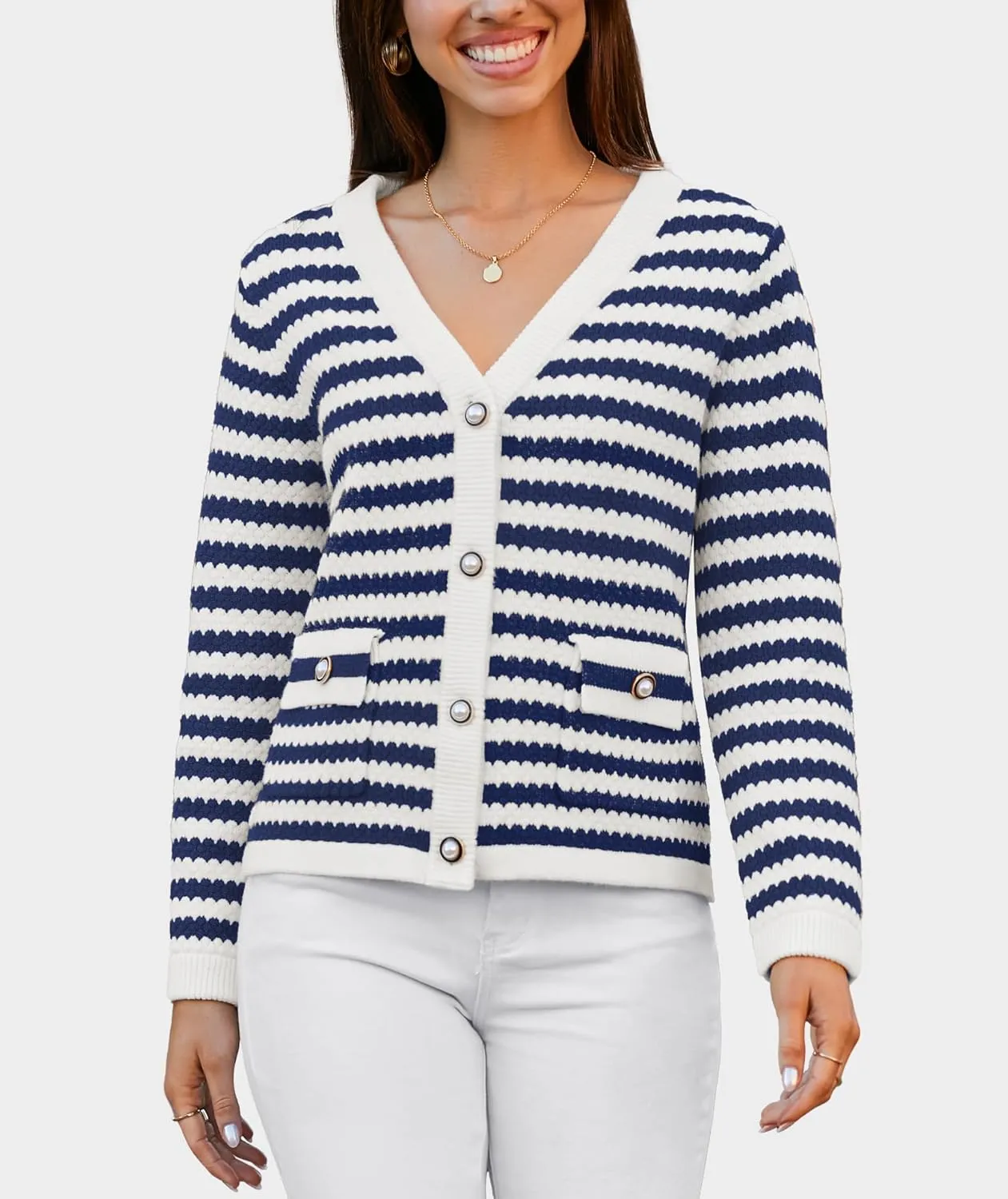 Women's Cardigan Sweaters Long Sleeve V Neck Button Down Knit Outerwear Spring Casual Open Front Cropped Jacket
