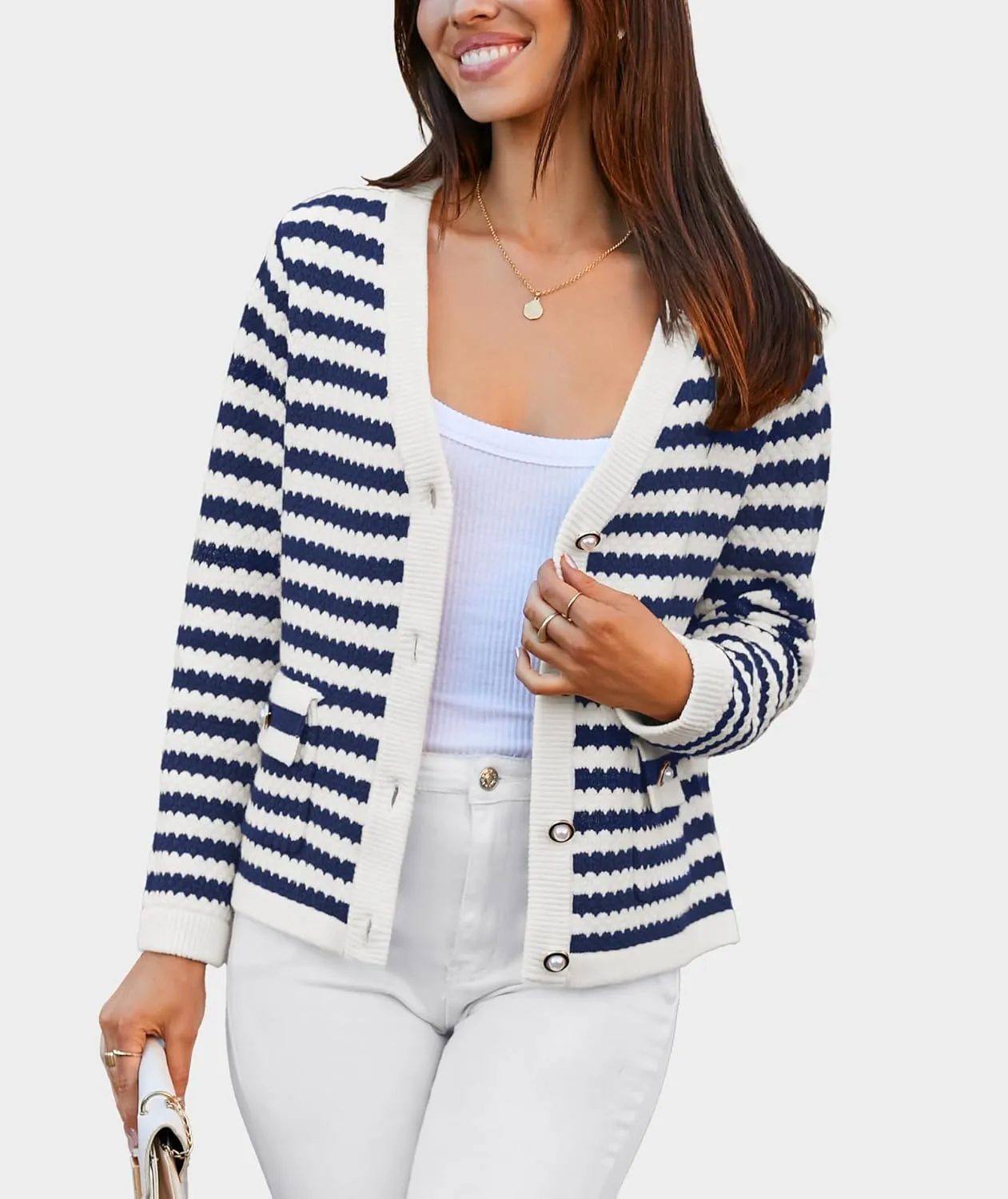Women's Cardigan Sweaters Long Sleeve V Neck Button Down Knit Outerwear Spring Casual Open Front Cropped Jacket