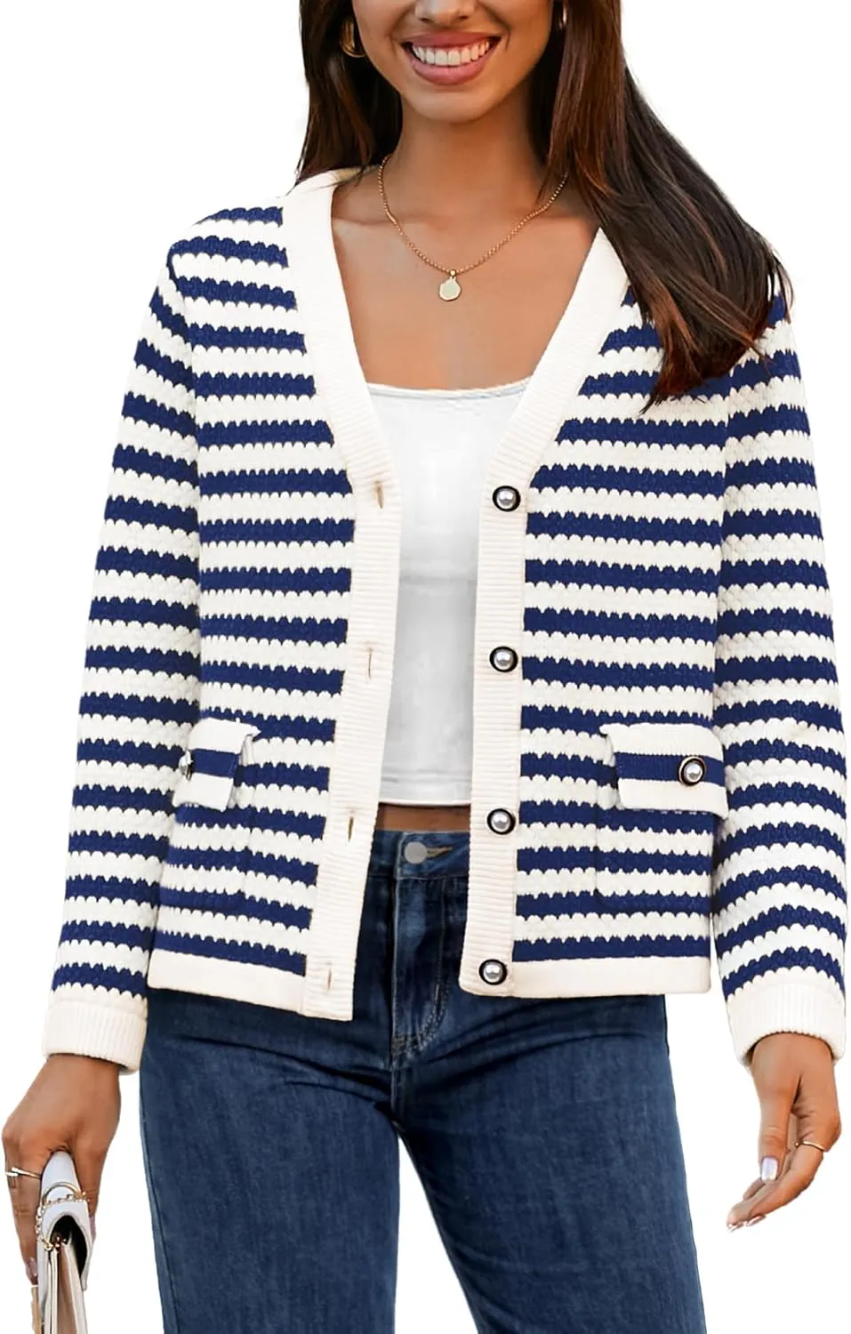 Women's Cardigan Sweaters Long Sleeve V Neck Button Down Knit Outerwear Spring Casual Open Front Cropped Jacket