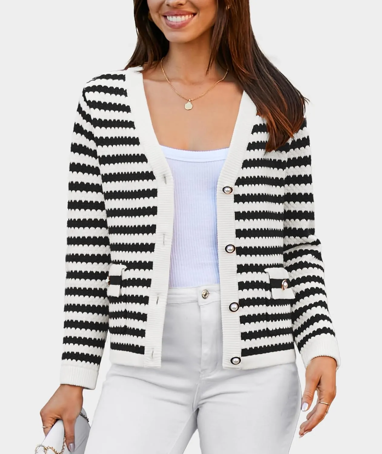 Women's Cardigan Sweaters Long Sleeve V Neck Button Down Knit Outerwear Spring Casual Open Front Cropped Jacket
