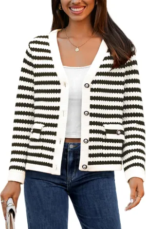 Women's Cardigan Sweaters Long Sleeve V Neck Button Down Knit Outerwear Spring Casual Open Front Cropped Jacket