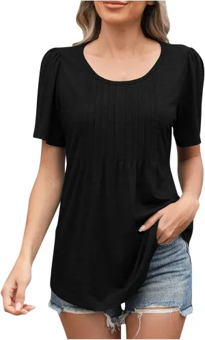 Women's Casual Short Sleeve Henley Round Neck Shirts Loose Fit Pleated Tunic Blouse Tops Vacation Tops Fashion Shirt