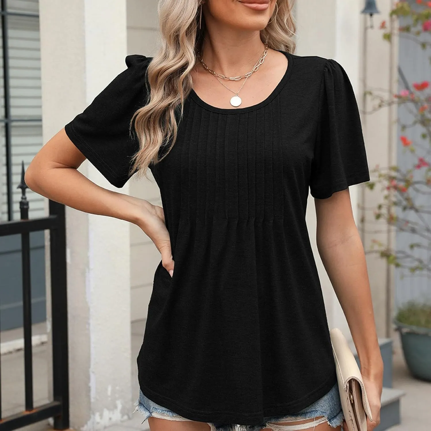 Women's Casual Short Sleeve Henley Round Neck Shirts Loose Fit Pleated Tunic Blouse Tops Vacation Tops Fashion Shirt