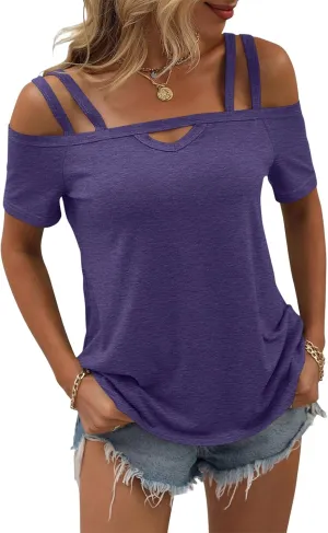 Womens Cold Shoulder Tops for Women Summer Sexy Cut Out Tops Short Sleeve Criss Cross Casual Shirts