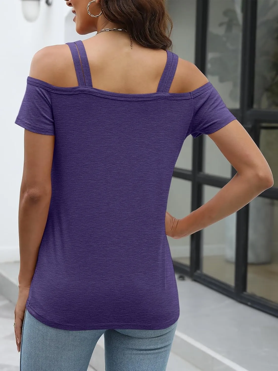 Womens Cold Shoulder Tops for Women Summer Sexy Cut Out Tops Short Sleeve Criss Cross Casual Shirts