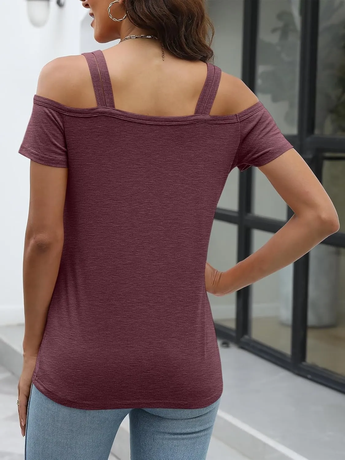 Womens Cold Shoulder Tops for Women Summer Sexy Cut Out Tops Short Sleeve Criss Cross Casual Shirts
