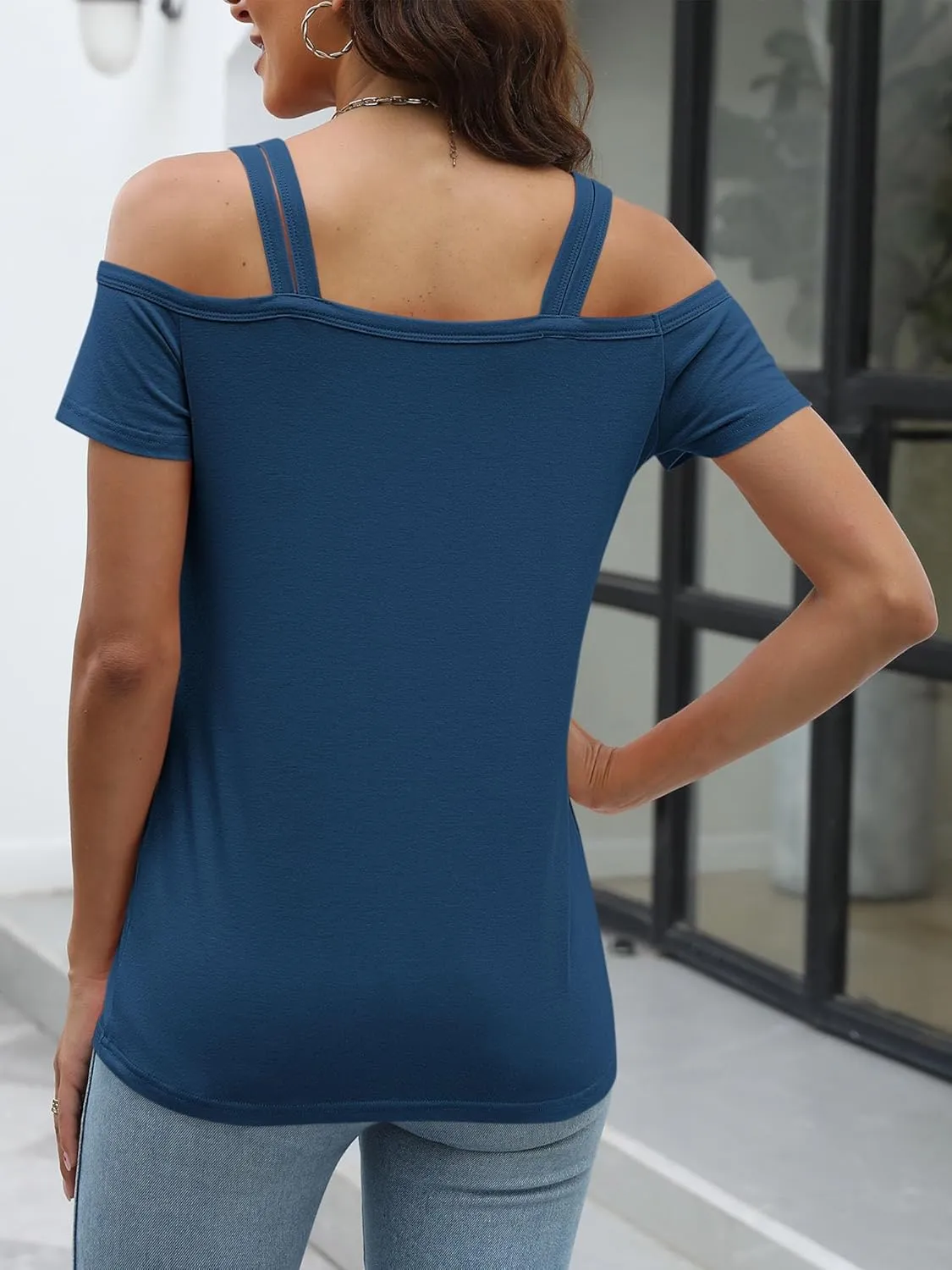 Womens Cold Shoulder Tops for Women Summer Sexy Cut Out Tops Short Sleeve Criss Cross Casual Shirts