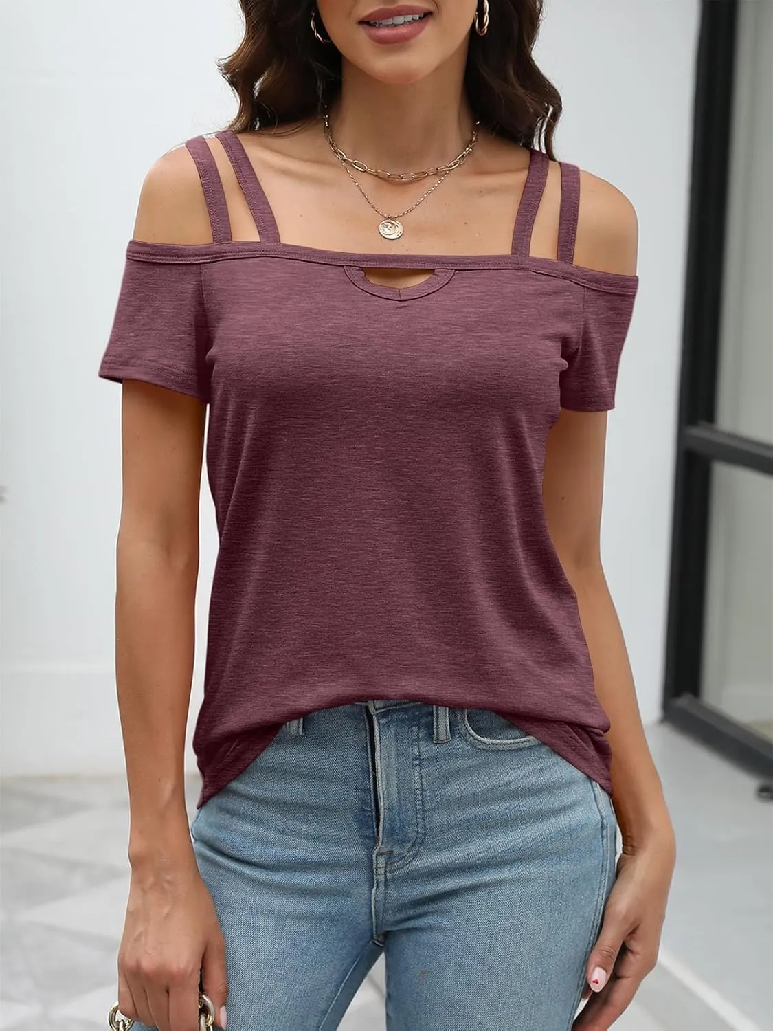 Womens Cold Shoulder Tops for Women Summer Sexy Cut Out Tops Short Sleeve Criss Cross Casual Shirts