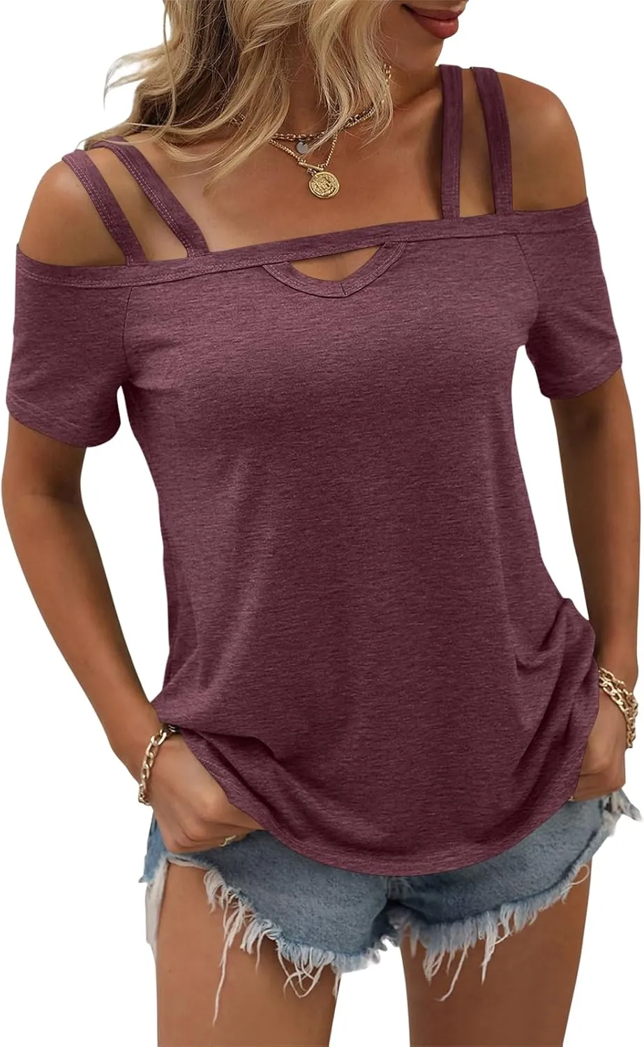 Womens Cold Shoulder Tops for Women Summer Sexy Cut Out Tops Short Sleeve Criss Cross Casual Shirts