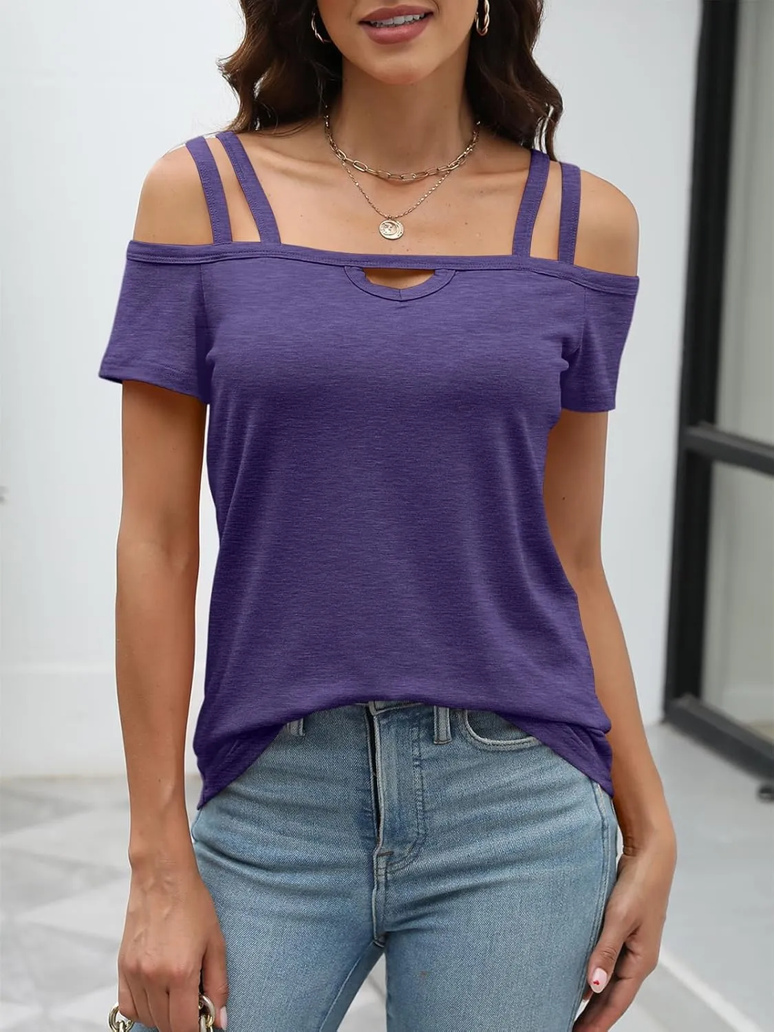Womens Cold Shoulder Tops for Women Summer Sexy Cut Out Tops Short Sleeve Criss Cross Casual Shirts