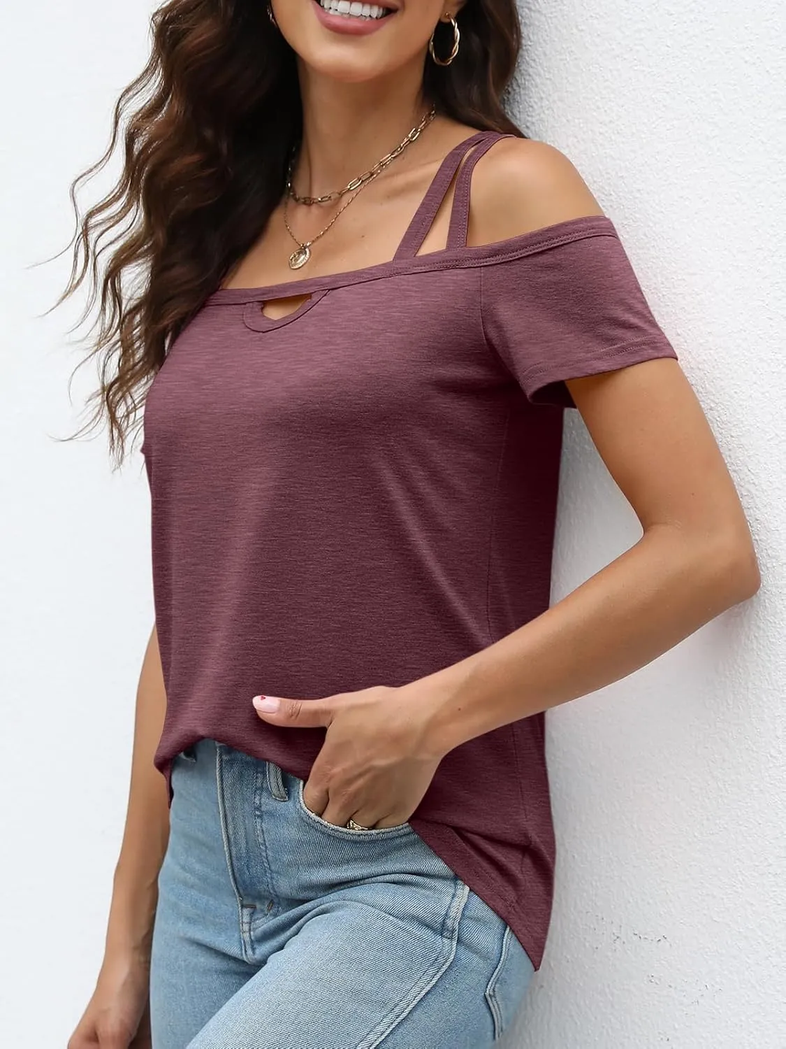 Womens Cold Shoulder Tops for Women Summer Sexy Cut Out Tops Short Sleeve Criss Cross Casual Shirts