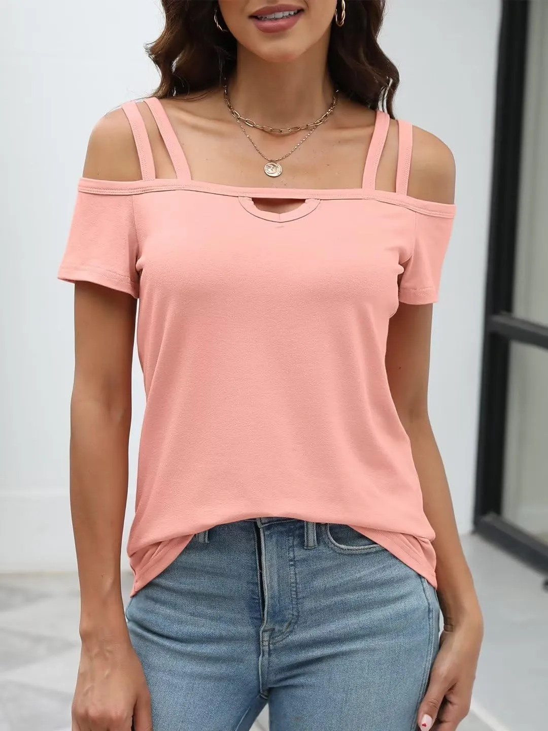 Womens Cold Shoulder Tops for Women Summer Sexy Cut Out Tops Short Sleeve Criss Cross Casual Shirts