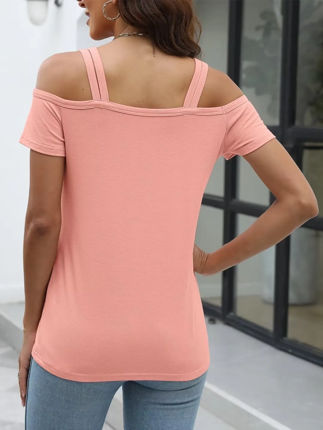 Womens Cold Shoulder Tops for Women Summer Sexy Cut Out Tops Short Sleeve Criss Cross Casual Shirts