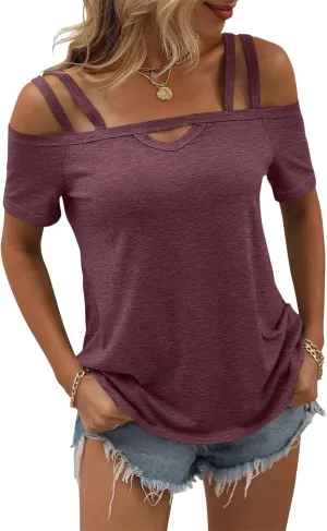 Womens Cold Shoulder Tops for Women Summer Sexy Cut Out Tops Short Sleeve Criss Cross Casual Shirts