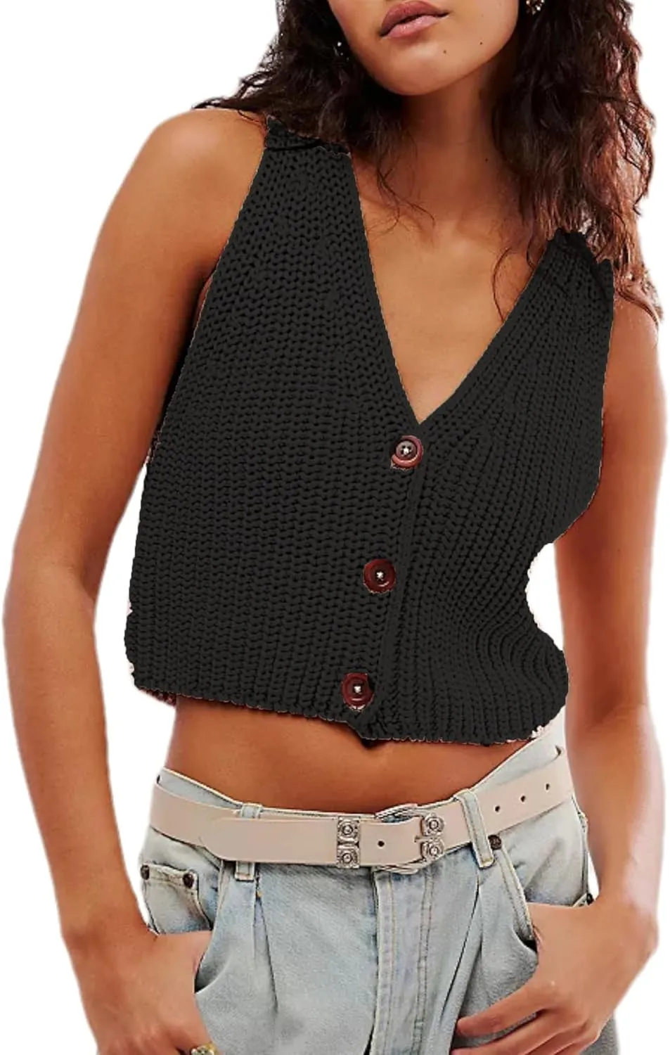 Womens Cropped Sweaters Vest Button Down V Neck Knit Sleeveless Crop Sweater 2025 Summer Casual Tank Tops