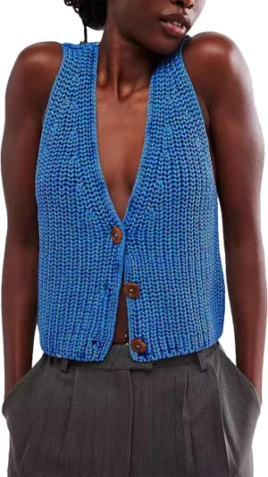 Womens Cropped Sweaters Vest Button Down V Neck Knit Sleeveless Crop Sweater 2025 Summer Casual Tank Tops