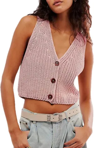 Womens Cropped Sweaters Vest Button Down V Neck Knit Sleeveless Crop Sweater 2025 Summer Casual Tank Tops