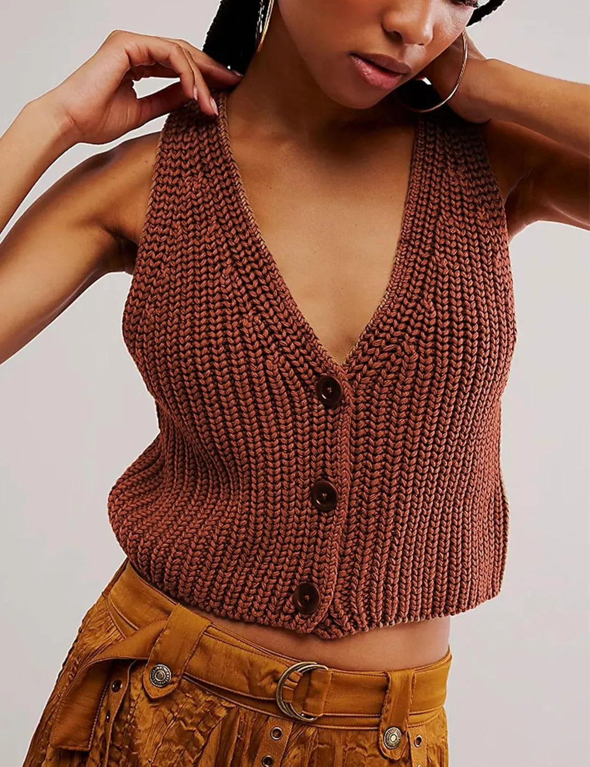 Womens Cropped Sweaters Vest Button Down V Neck Knit Sleeveless Crop Sweater 2025 Summer Casual Tank Tops