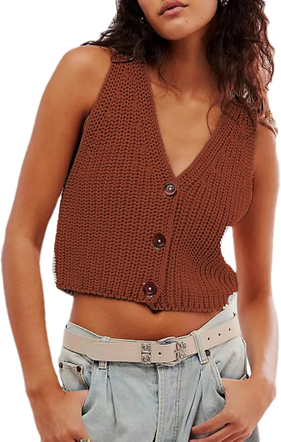 Womens Cropped Sweaters Vest Button Down V Neck Knit Sleeveless Crop Sweater 2025 Summer Casual Tank Tops