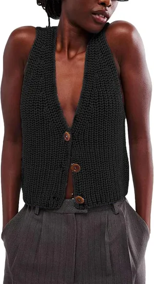 Womens Cropped Sweaters Vest Button Down V Neck Knit Sleeveless Crop Sweater 2025 Summer Casual Tank Tops
