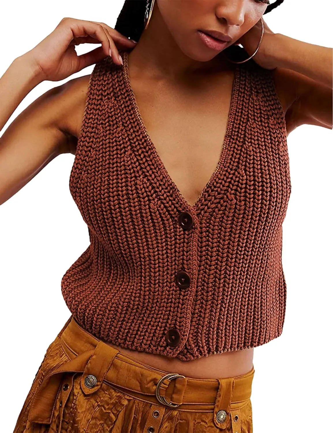Womens Cropped Sweaters Vest Button Down V Neck Knit Sleeveless Crop Sweater 2025 Summer Casual Tank Tops