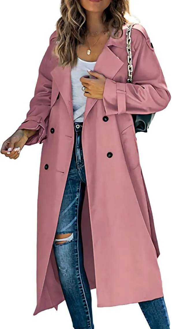 Women's Double-Breasted Trench Coat Solid Color Casual Loose Lapel Overcoat Slim Outerwear Waterproof Coat with Belt