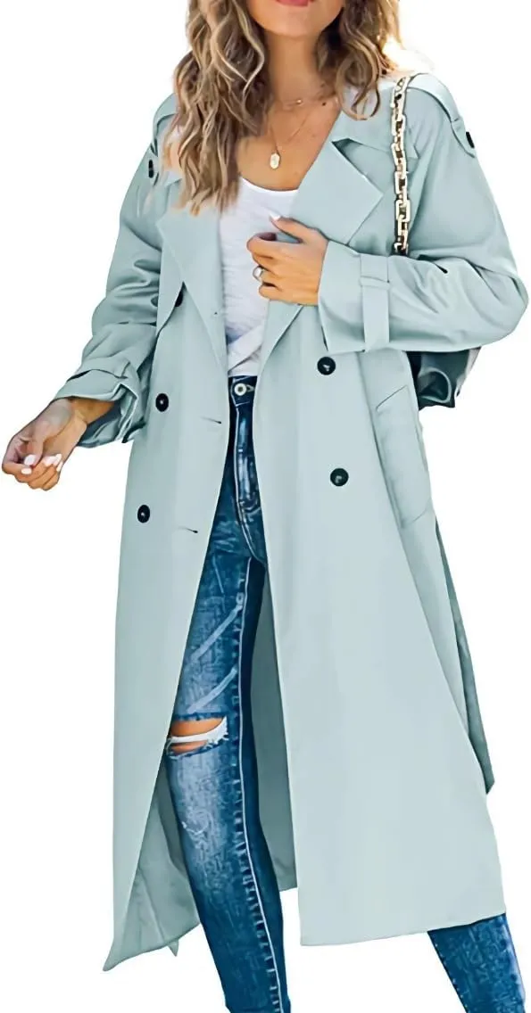 Women's Double-Breasted Trench Coat Solid Color Casual Loose Lapel Overcoat Slim Outerwear Waterproof Coat with Belt