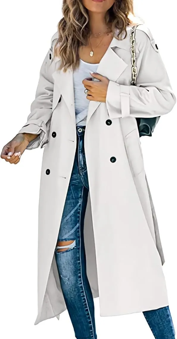 Women's Double-Breasted Trench Coat Solid Color Casual Loose Lapel Overcoat Slim Outerwear Waterproof Coat with Belt