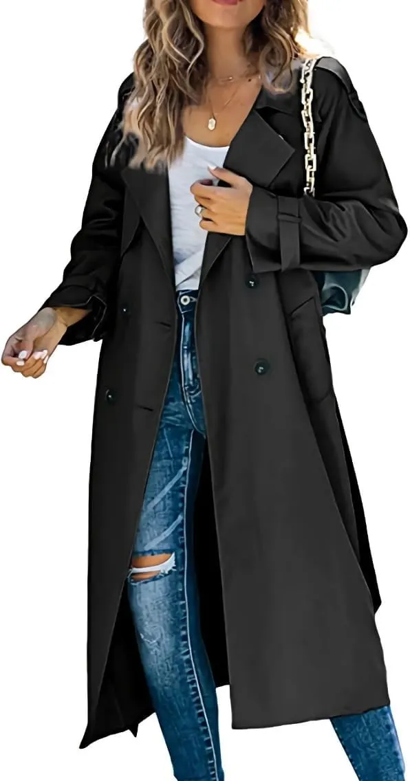 Women's Double-Breasted Trench Coat Solid Color Casual Loose Lapel Overcoat Slim Outerwear Waterproof Coat with Belt