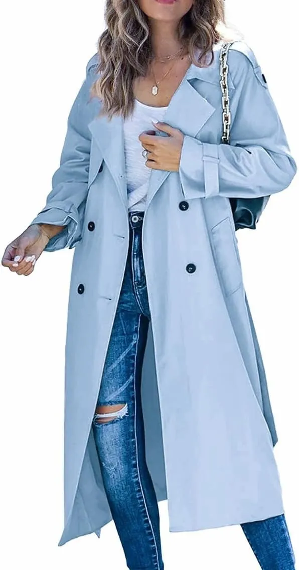 Women's Double-Breasted Trench Coat Solid Color Casual Loose Lapel Overcoat Slim Outerwear Waterproof Coat with Belt
