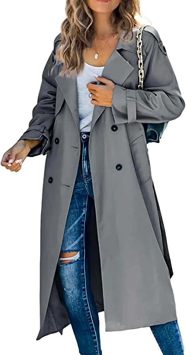 Women's Double-Breasted Trench Coat Solid Color Casual Loose Lapel Overcoat Slim Outerwear Waterproof Coat with Belt