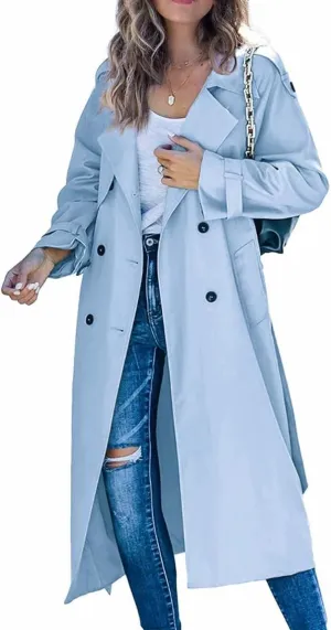 Women's Double-Breasted Trench Coat Solid Color Casual Loose Lapel Overcoat Slim Outerwear Waterproof Coat with Belt