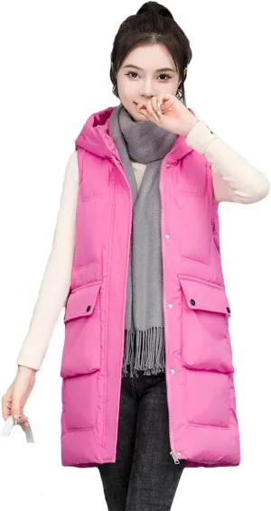 Womens Down Cotton Vests Winter Large Size Loose Cotton-Padded Waistcoat Long Outwear Sleeveless Coat Casual Jacket