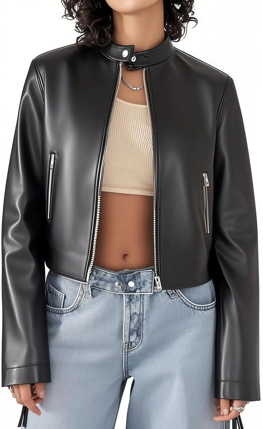 Womens faux leather jacket oversized fit button down lapel collar long sleeves