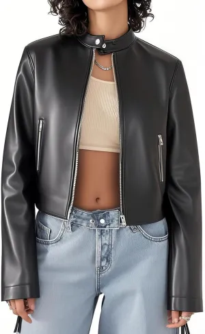 Womens faux leather jacket oversized fit button down lapel collar long sleeves