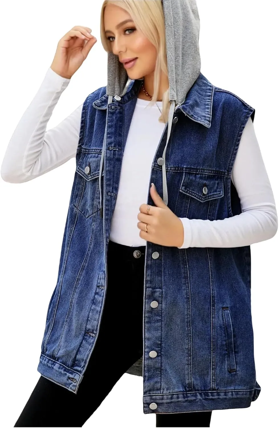 Women's Hooded Denim Vest, Oversized Casual Jean Jacket, Detachable Hood, Plus Size